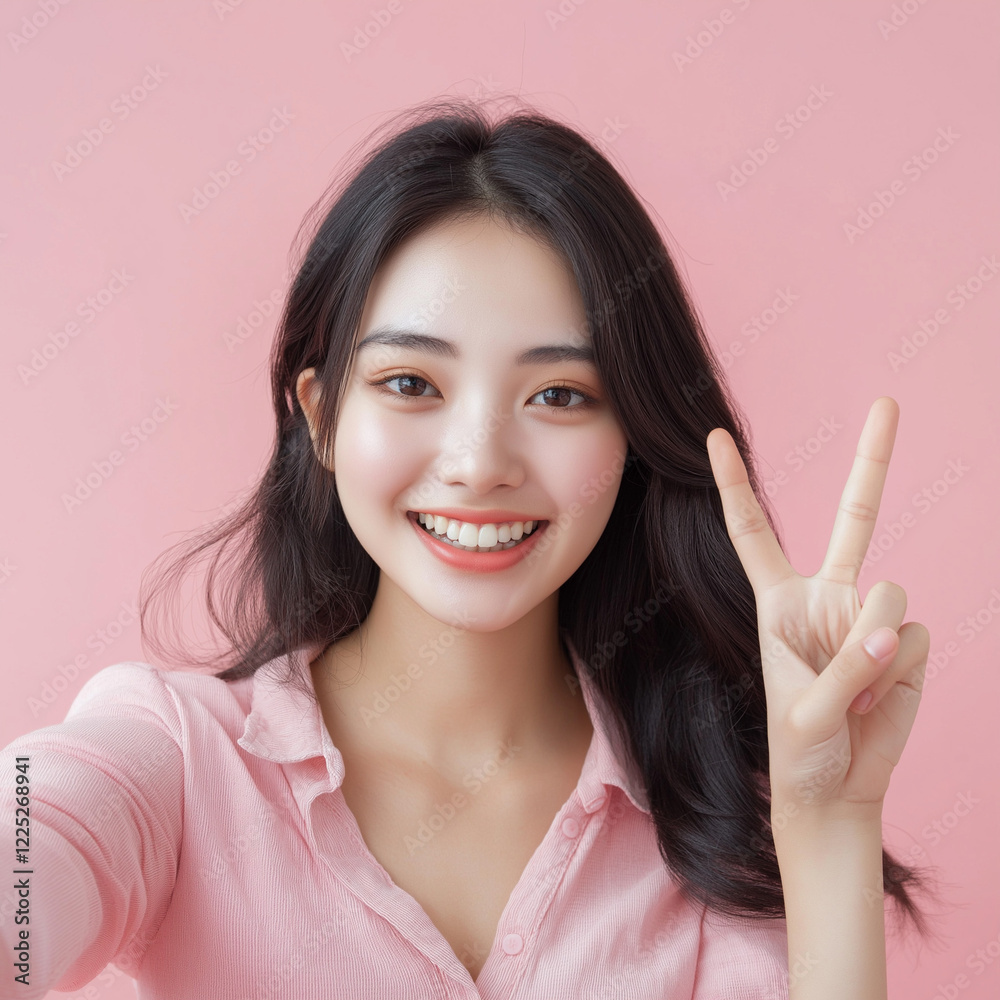 Cheerful young woman making peace sign selfie in pink background portrait photography bright and playful environment close-up viewpoint Cheerful young woman making peace sign selfie in pink background portrait photography bright and playful environment close-up viewpoint