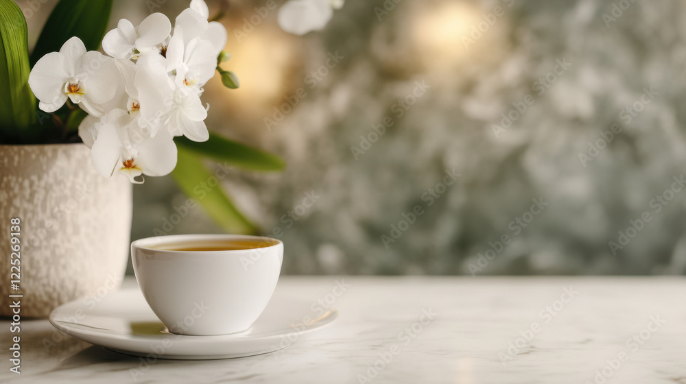 Luxurious spa setting with herbal tea and elegant white orchids Luxurious spa setting with herbal tea and elegant white orchids