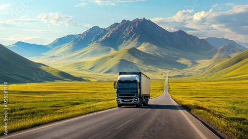 A semi-truck is driving along a wide, open road through a vast, green landscape under a clear sky.