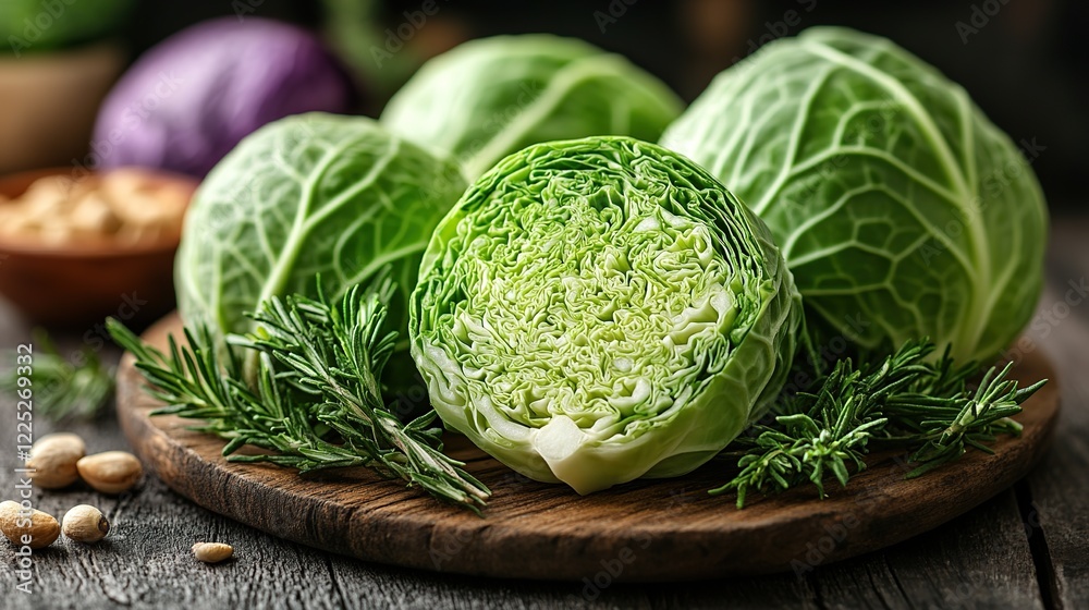 Fototapeta premium Fresh savoy cabbage, rosemary, nuts. Wooden table background. Healthy food recipe