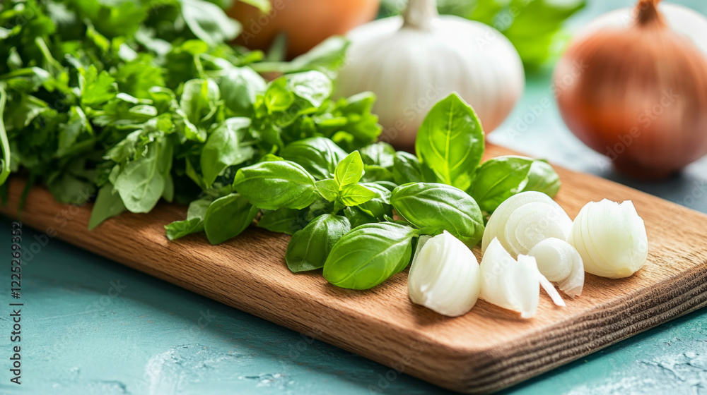 Fresh herbs and chopped onions on wooden cutting board, perfect for cooking Fresh herbs and chopped onions on wooden cutting board, perfect for cooking