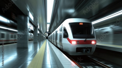 A blurred train speeds past a modern train station,