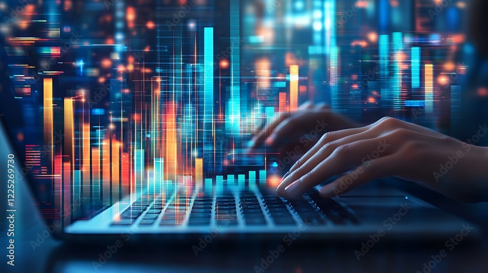Hands typing on laptop with data visualization. Hands typing on laptop with data visualization.