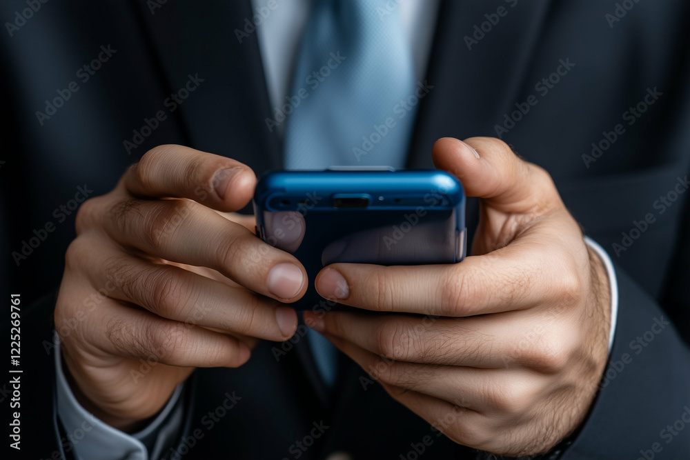 Smartphone use by businessman in a suit while interacting with mobile device Smartphone use by businessman in a suit while interacting with mobile device