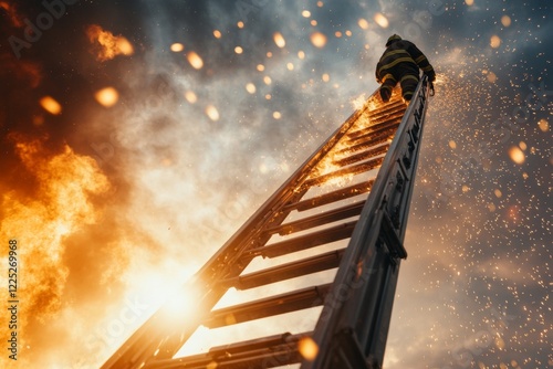 A firefighter descending a ladder from a burning building, their gear and determination highlighting their heroic career