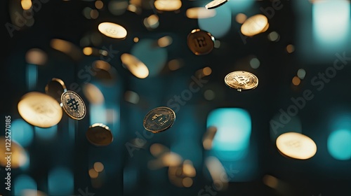 A dynamic scene featuring golden coins falling through the air,