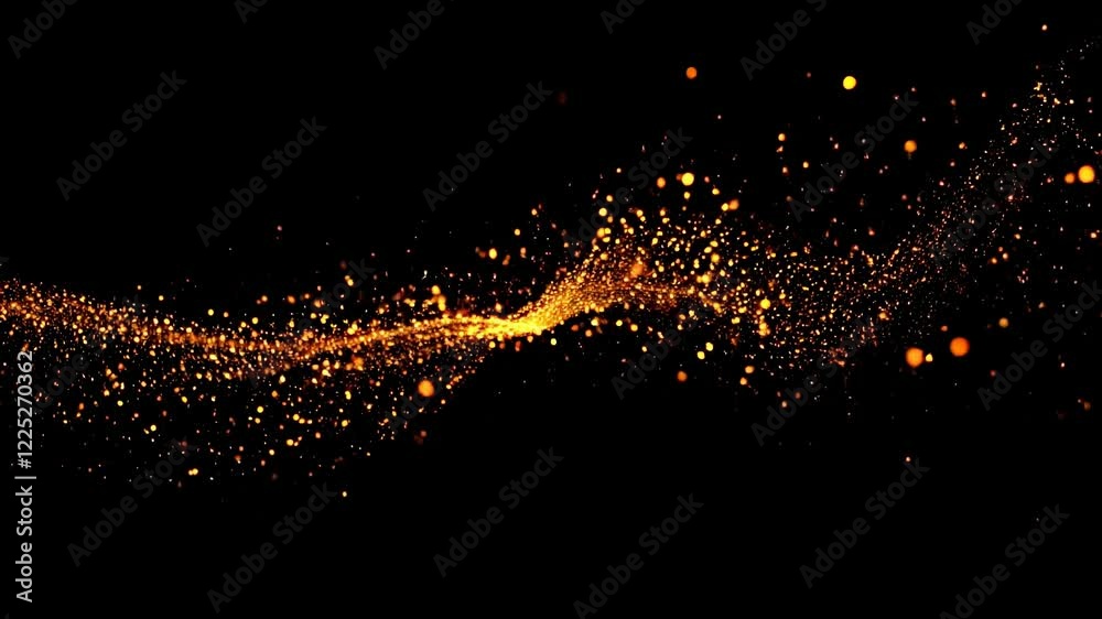 Glowing golden particles swirling in dark space. Magical abstract animation of sparkling light flow. Cosmic energy stream visualization for technology or science backgrounds