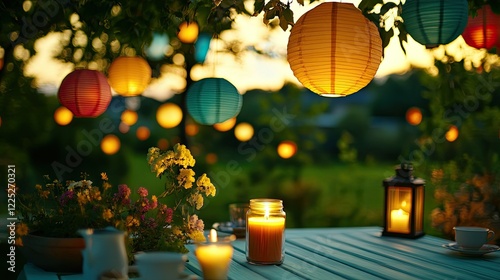 A cozy outdoor dining area illuminated by colorful paper lanterns in shades of orange,