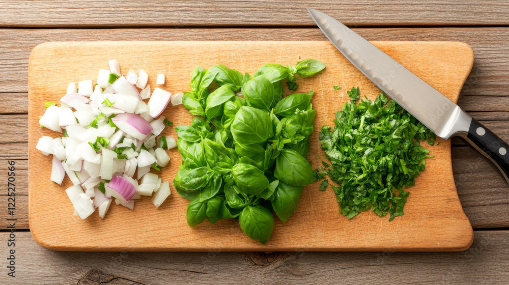 Fresh herbs and chopped vegetables on wooden cutting board, including basil, parsley, and onions, ready for cooking