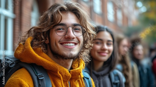 Group of a Young Adults' Smiling Friends in Outdoor School Campus Setting