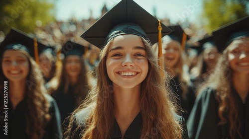 Young Adult Smiling Graduate Among Classmates During Ceremony on Bright Summer Day
