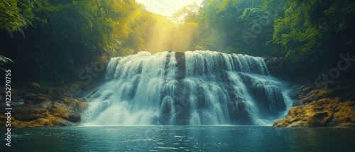 Serene Waterfall Surrounded by Lush Green Wilderness Amid Golden Sunlight