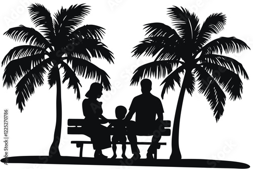 Couple sitting on a bench under palm trees