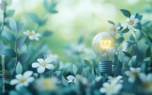 Creative paper art of a light bulb with flourishing green nature, renewable energy concept, pastelcolored background, save energy theme, generative AI, ultradetailed, 8K resolution photo