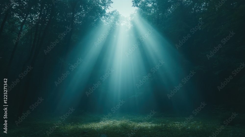 Fototapeta premium Mystical Forest: Sunbeams Piercing Through the Fog