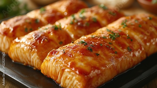 Glazed salmon fillets, baking dish, kitchen setting, food photography, recipe illustration photo