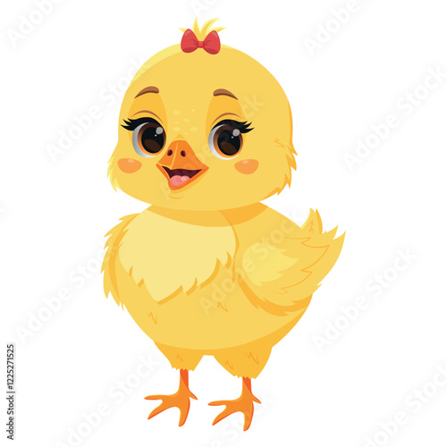 Cute smiling chick with red bow on white isolated background. Vector chick character. Easter chicken. Baby chick mascot