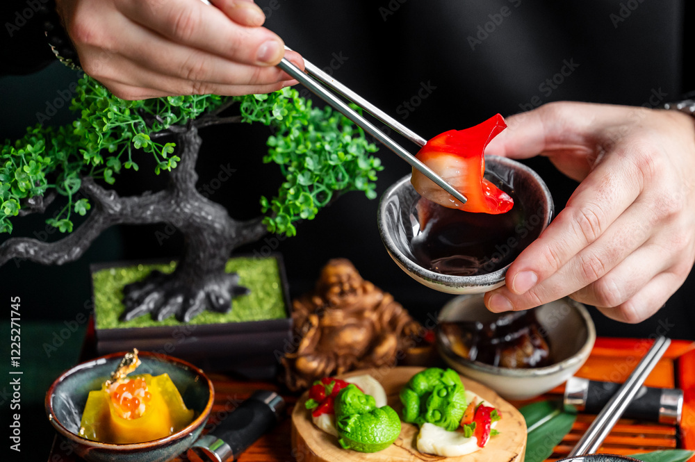 A person using chopsticks to pick up a colorful dumpling from a small bowl of sauce. The table is adorned with various Asian dishes and decorative elements like a bonsai tree. A person using chopsticks to pick up a colorful dumpling from a small bowl of sauce. The table is adorned with various Asian dishes and decorative elements like a bonsai tree.