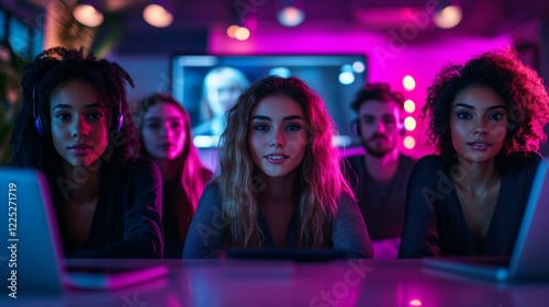 Young Adult Friends Creative Team Collaborating in a Modern Office with Neon Lighting Atmosphere
