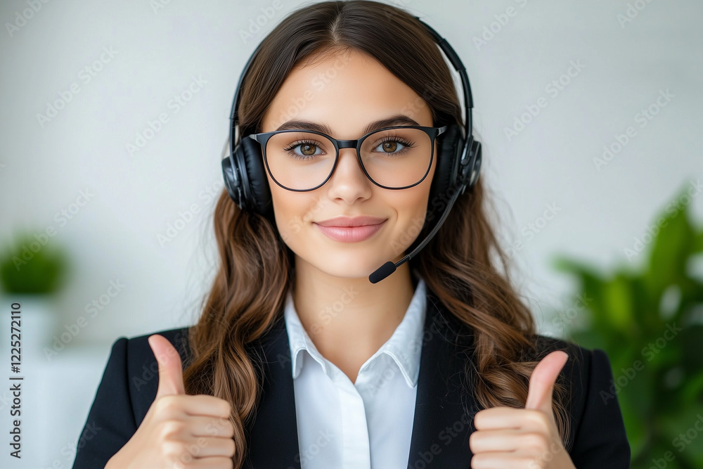 Woman with Headset Showing Thumbs Up in Customer Service Environment for Business Communication Woman with Headset Showing Thumbs Up in Customer Service Environment for Business Communication