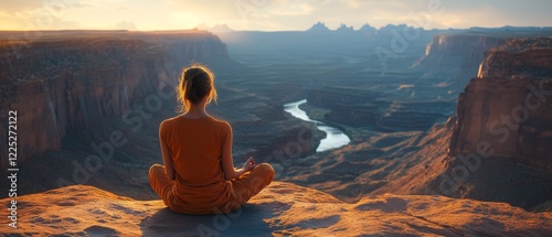 Young Adult Woman Meditating on Cliff Overlooking Scenic Canyon at Sunset