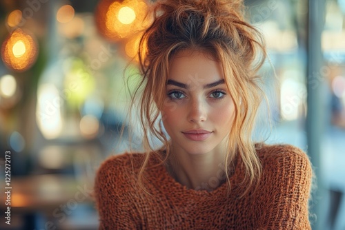 Young Adult Woman Relaxing in a Cozy Cafe Setting With Warm Lighting