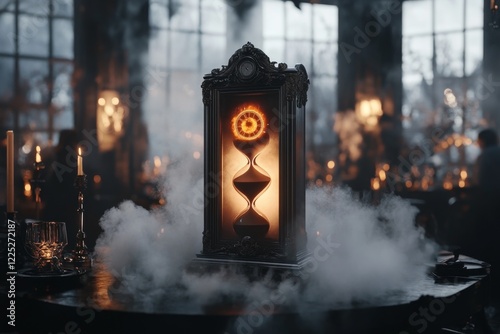 A gothic depiction of a crumbling hourglass, with sand spilling out onto a dark wooden table, symbolizing the irreversible consequence of lost time