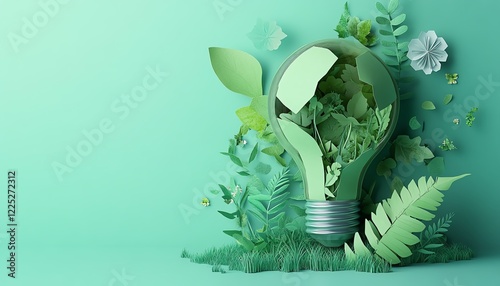 Green nature growing inside a paper art light bulb, renewable energy concept, save energy creative idea, pastel background, generative AI design, soft glowing effect, 8K ultraHD photo