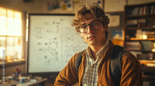 Young Adult Male Student Caucasian Ethnicity Posing in Bright Classroom With Mathematical Background