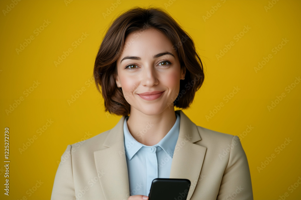 Smartphone use by business woman smiling with mobile device in professional setting Smartphone use by business woman smiling with mobile device in professional setting