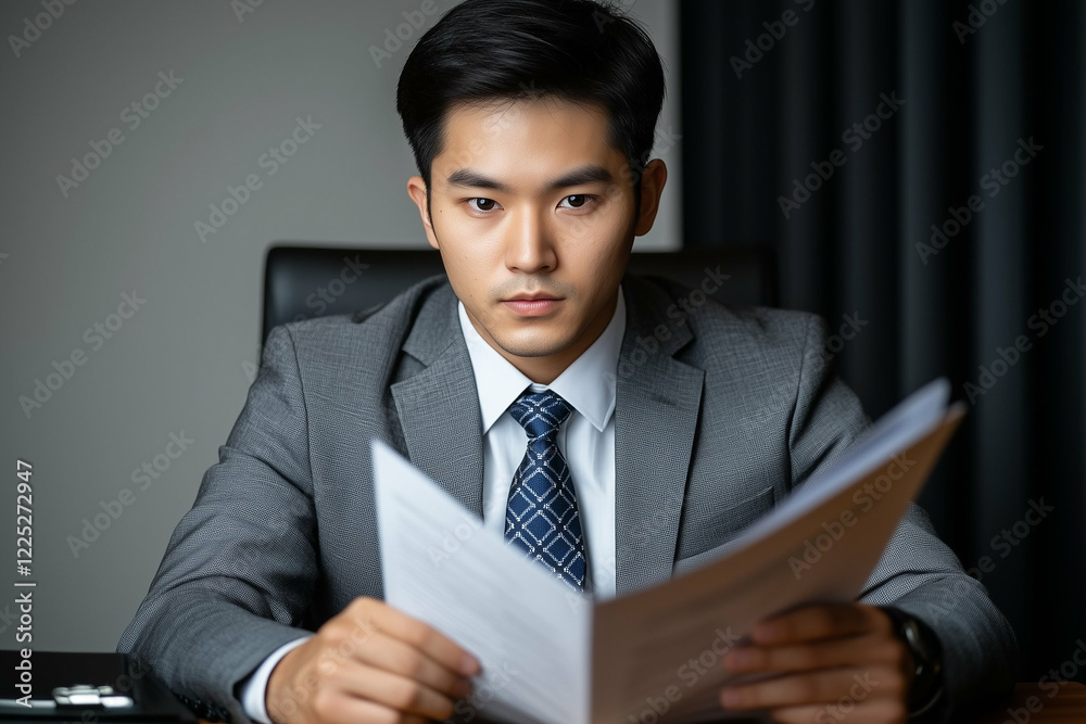 Man in suit studying business documents with focused expression in modern office environment Man in suit studying business documents with focused expression in modern office environment