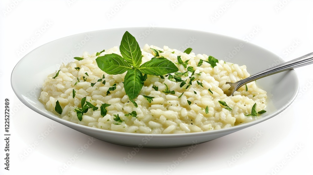 Creamy Risotto with Fresh Herbs, Basil, and Parsley on White Plate Against White Background Creamy Risotto with Fresh Herbs, Basil, and Parsley on White Plate Against White Background