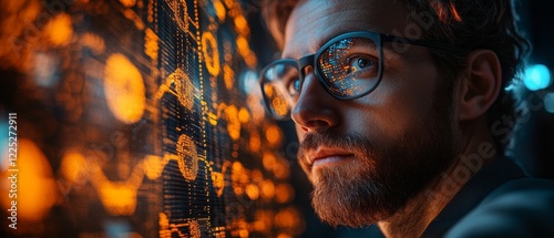 Young Adult Man Wearing Glasses Analyzing Digital Data with Abstract Lighting Effects