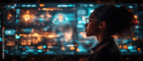 Side Profile View of a Focused Young Adult African American Ethnicity Woman Professional Analyzing Futuristic Digital Screens