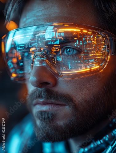 Close-Up of Man Wearing Futuristic Augmented Reality Glasses in Dimly Lit Setting