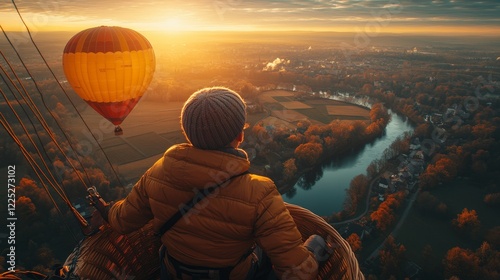 A Young Adult Man Observing Hot Air Balloon Over Scenic Landscape at Sunrise