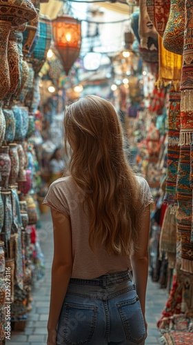 A Young Adult Woman Exploring a Vibrant and Colorful Marketplace Full of Traditional Goods