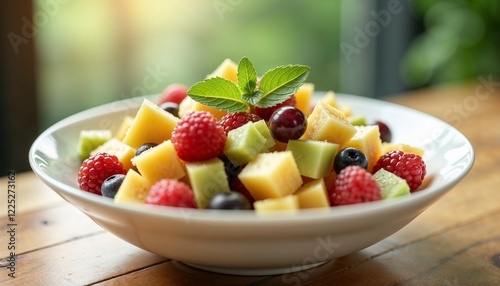 Colorful fruit salad with mint garnish in white bowl, fresh and healthy ingredients, copy space