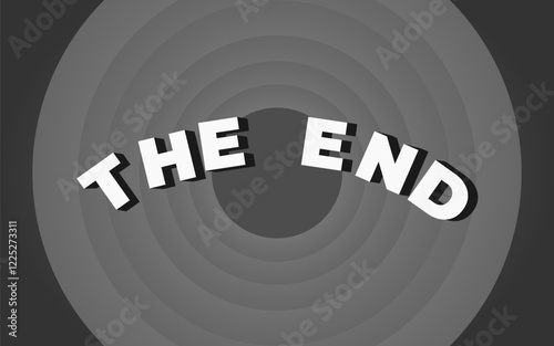 The END title on Grey Round Background. Old movie Ending screen.