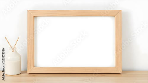 Realistic border wooden rectangular natural frame with shadow. Empty wooden frame boarder for presentations