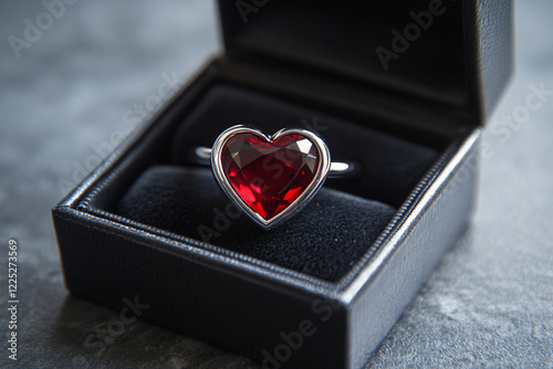 Beautiful Valentine's day ring with red heart shaped gem stone in jewelery box photo