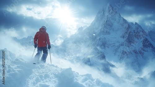A Young Adult Man Skier Carving Through Fresh Powder on a Snowy Mountainside