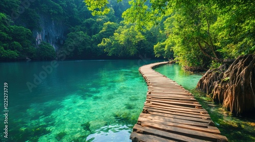 A wooden walkway winds through a lush, green forest beside a tranquil, turquoise lake.
