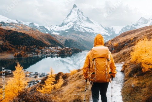 A hiker standing at the edge of a narrow mountain path, hesitating to take the next step while looking down at the steep drop