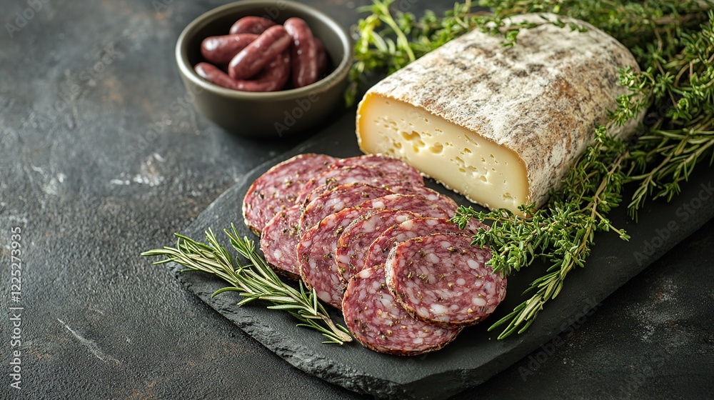 Gourmet cheese and salami platter, herbs, dark background. Food photography for menus Gourmet cheese and salami platter, herbs, dark background. Food photography for menus