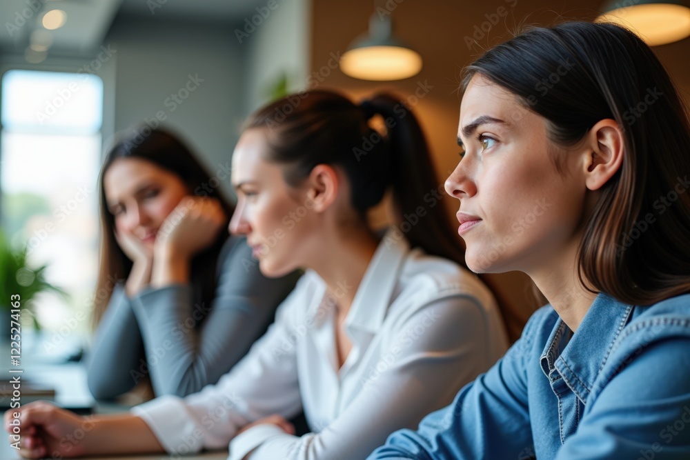 Three Women Engaged in Deep Conversation at a Modern Workspace Focused on Professional Collaboration and Creative Ideas