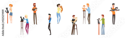 Pet Owner Man and Woman Character with Their Animal Vector Set