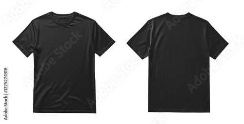 Mockup of t-shirt designs, male black tshirt template, front and back view, mock-up isolated on transparent background, png