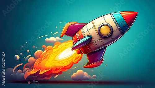 Vibrant cartoon rocket launching into teal sky, leaving fiery trail.  Perfect for kids' projects, websites, apps, and marketing materials needing a fun, energetic feel.