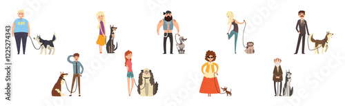 Pet Owner Man and Woman Character with Their Animal Vector Set